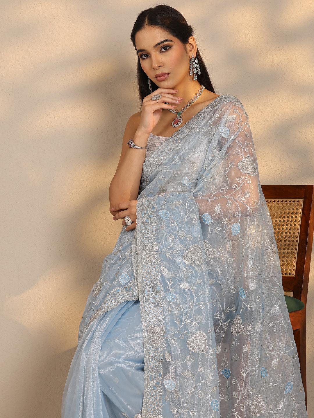 Blue Embroidered Nylon Saree With Unstitched Blouse Piece