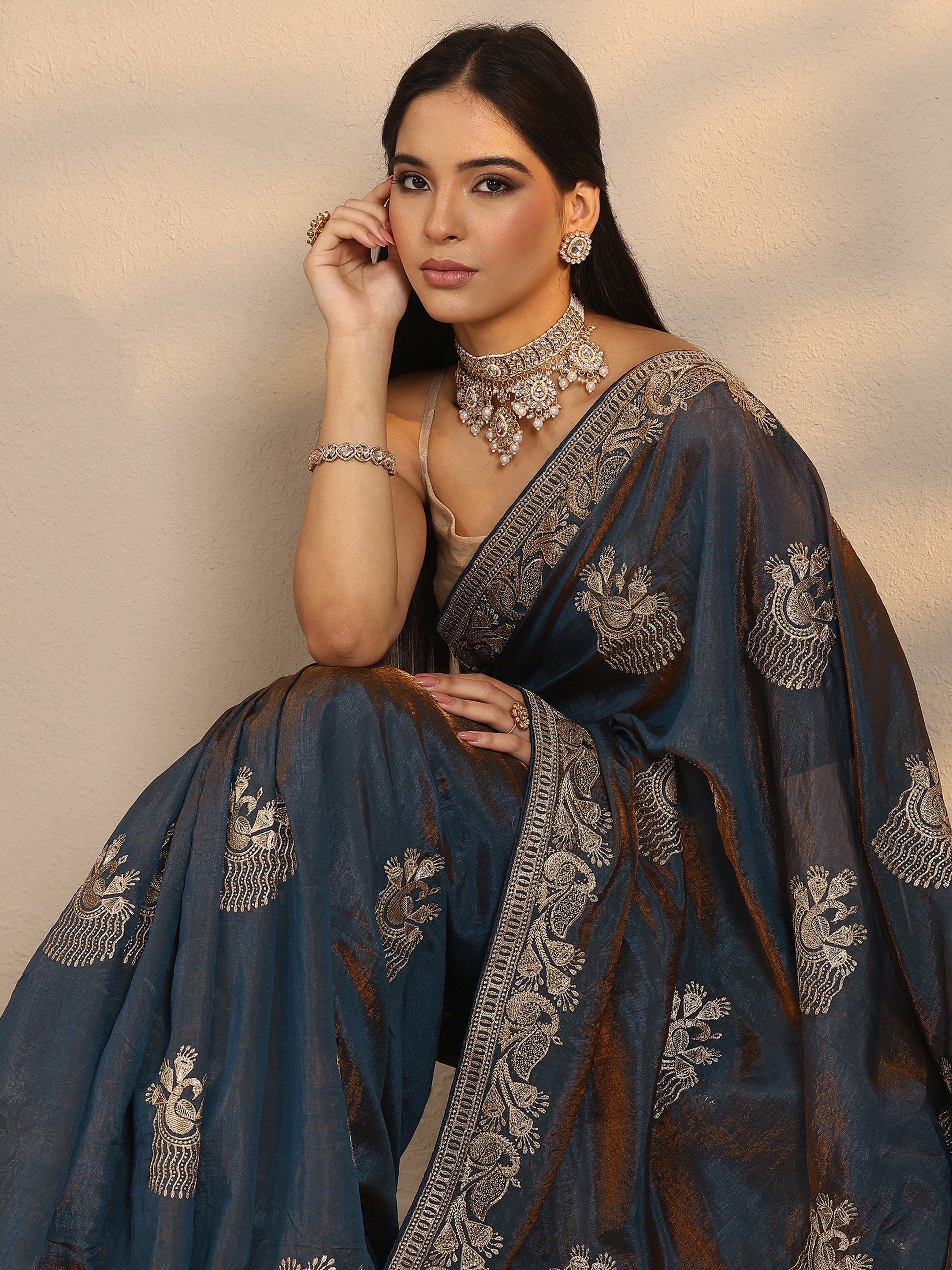 libas Blue Embroidered Organza Saree With Unstitched Blouse Piece-picture-60