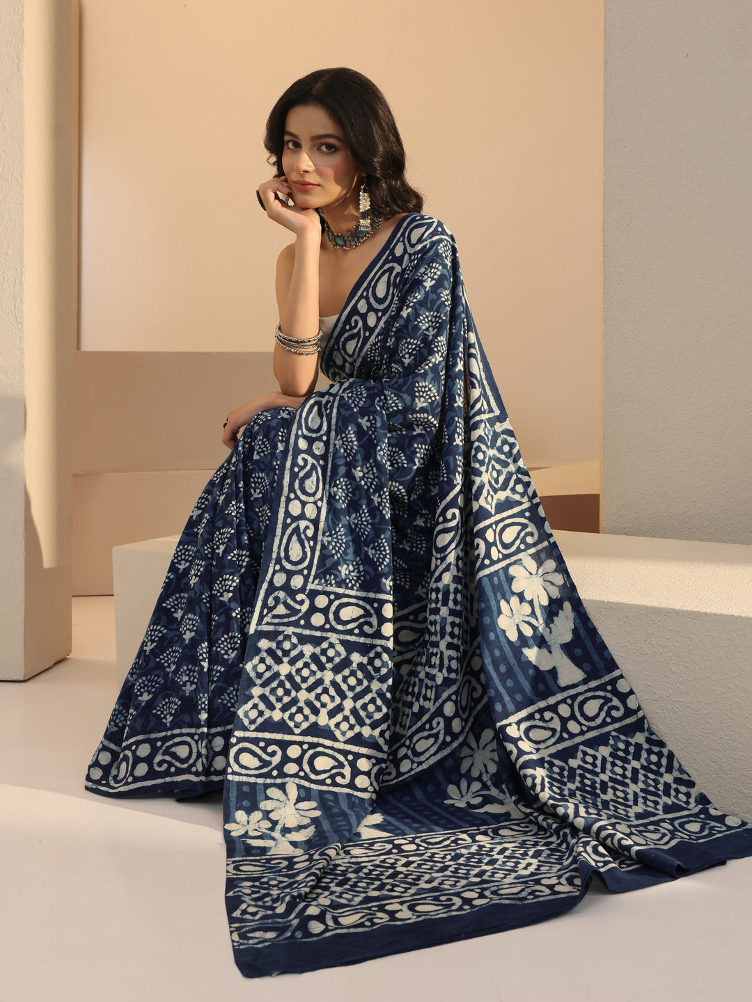  Indigo Batik Print Cotton Saree 