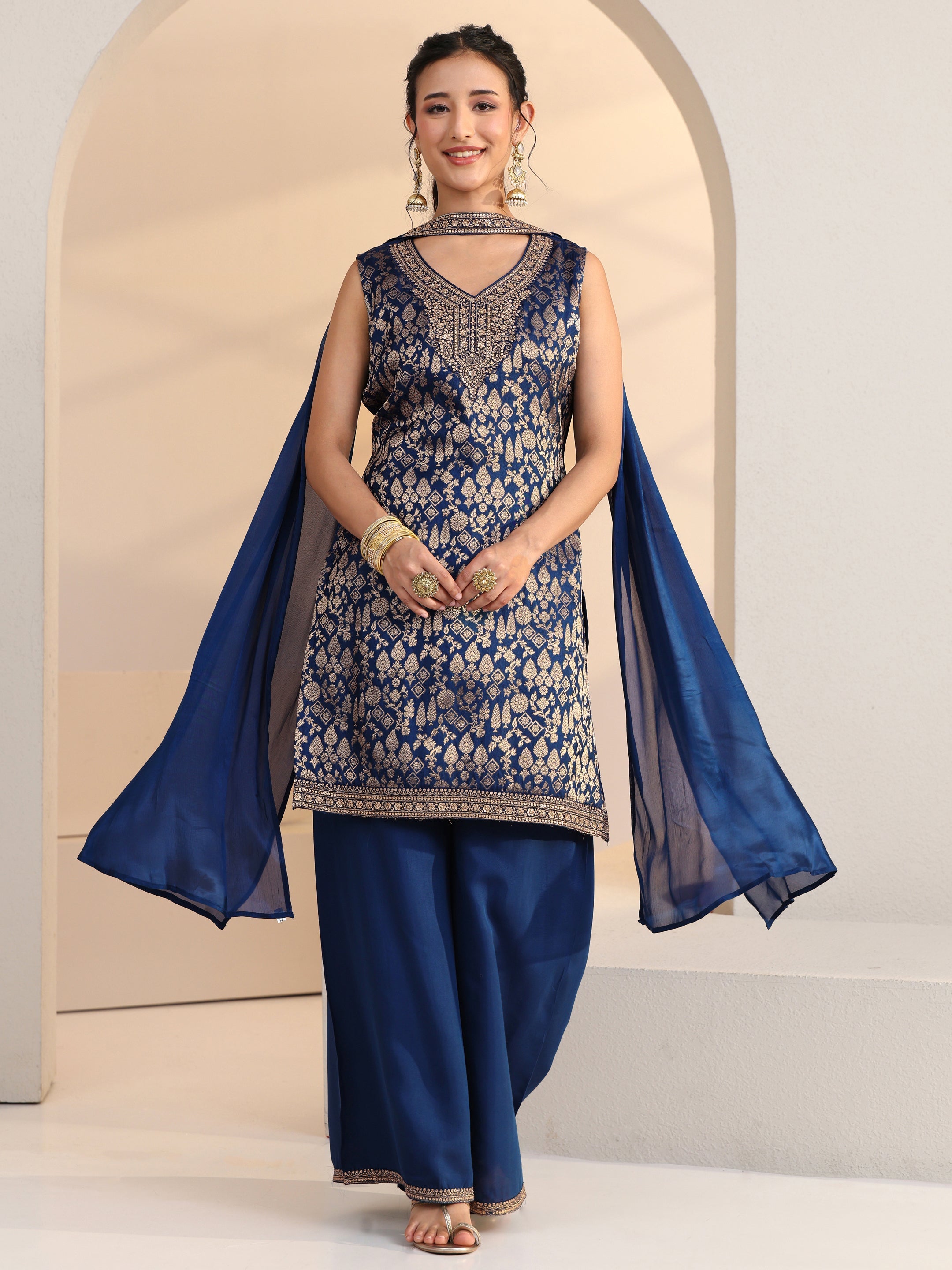 libas Blue Ethnic Motif Woven Design Silk Blend Straight Suit Set-picture-63