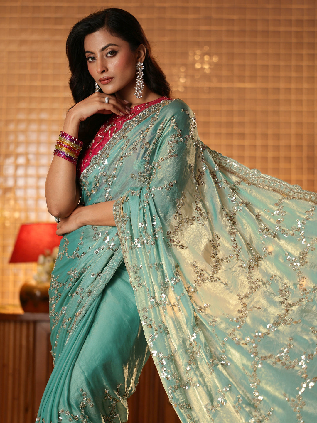  Blue Floral Embellished Tissue Saree 