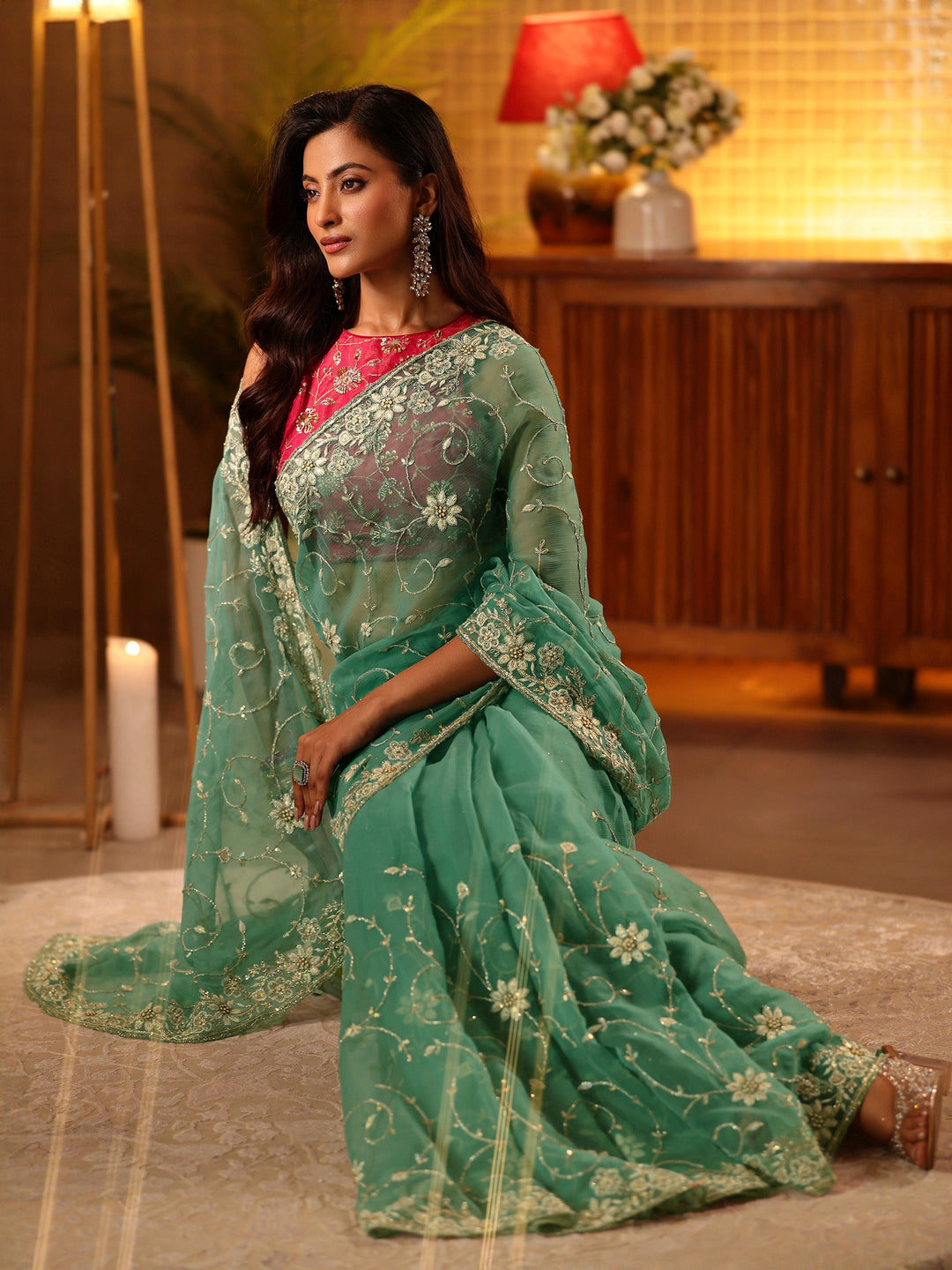  Blue Floral Embroidered Chiffon Saree 