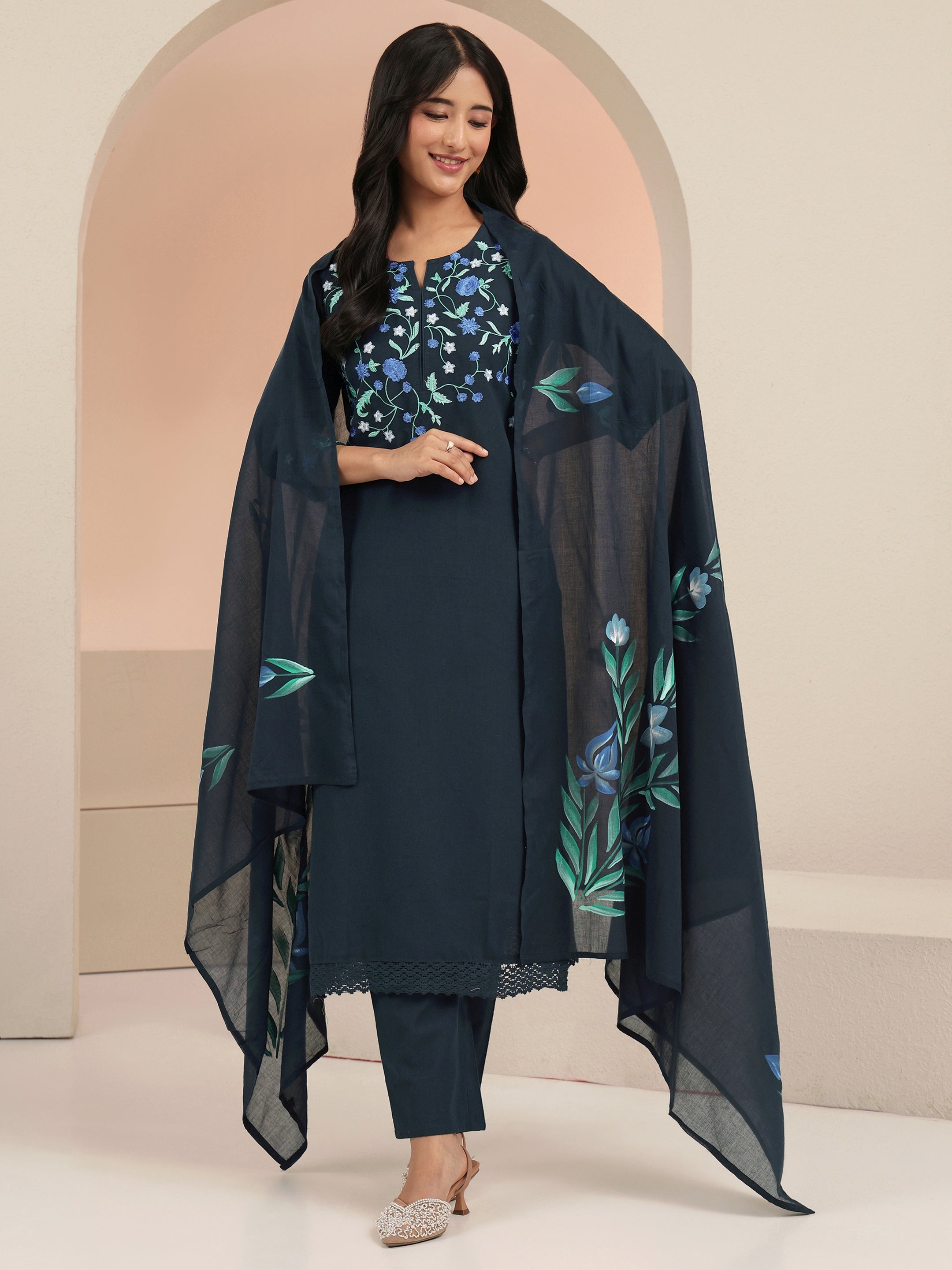 libas Blue Floral Embroidered Cotton Straight Suit Set-picture-18