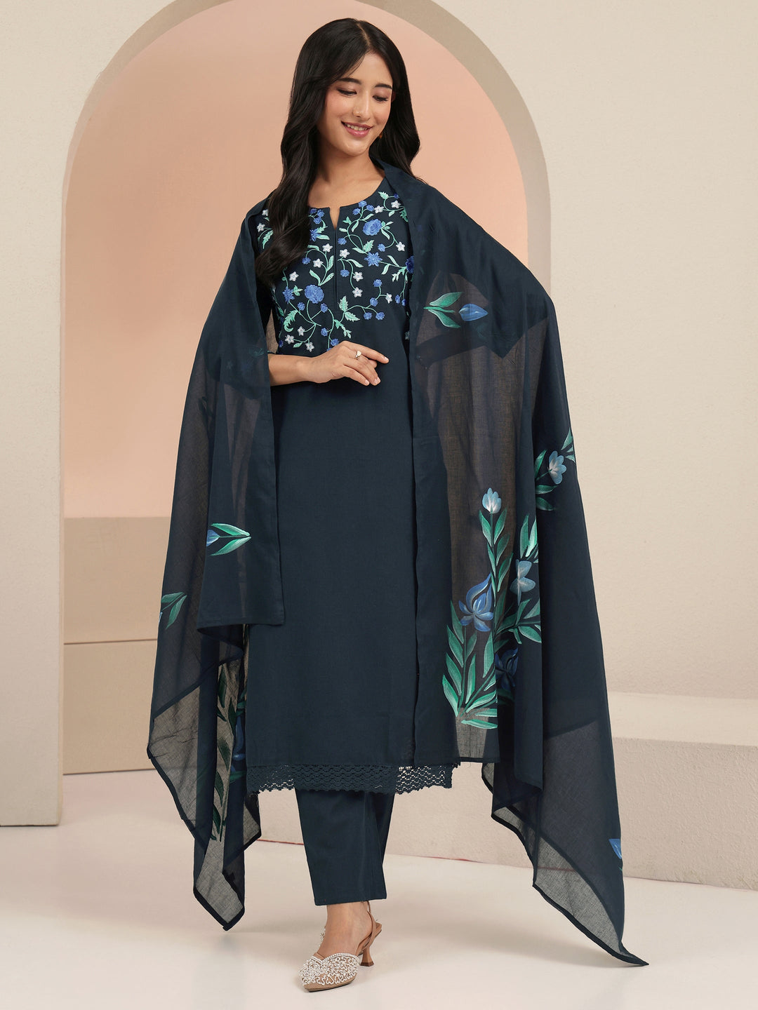  Blue Floral Embroidered Cotton Straight Suit Set 