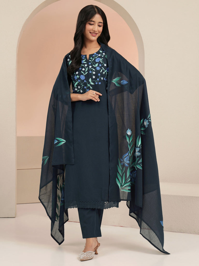 Libas Blue Floral Embroidered Cotton Straight Suit Set