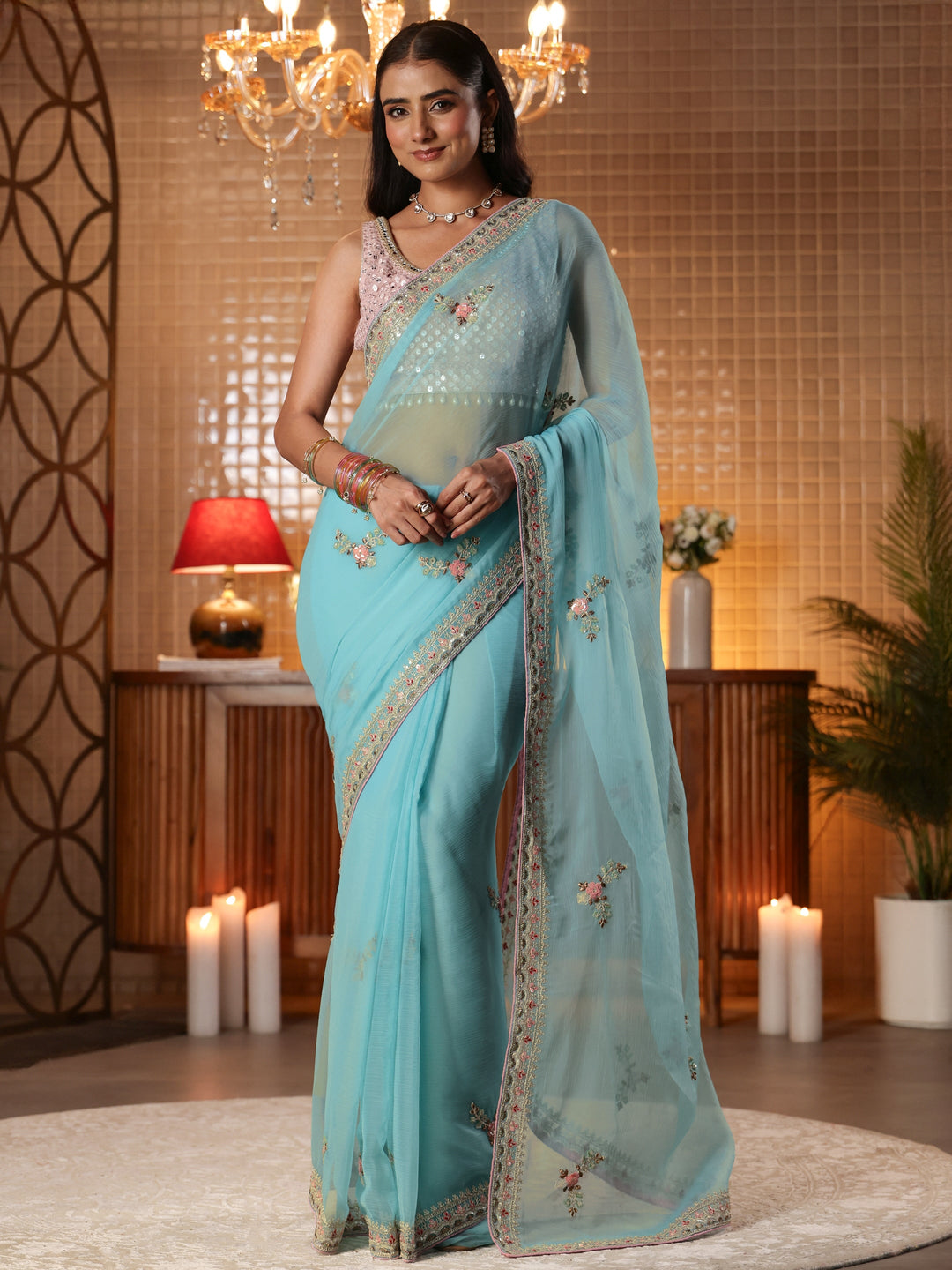  Blue Floral Embroidered Silk Blend Saree 