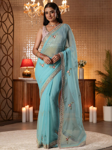 Libas Blue Floral Embroidered Silk Blend Saree