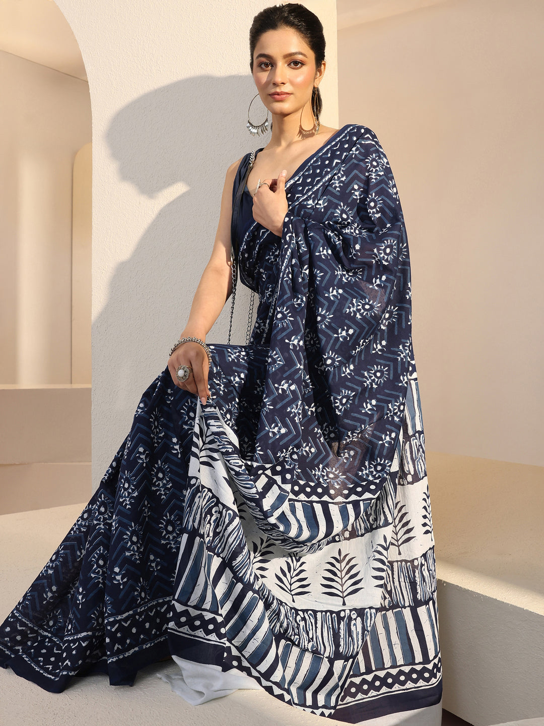  Indigo Dabu Floral Print Cotton Saree 
