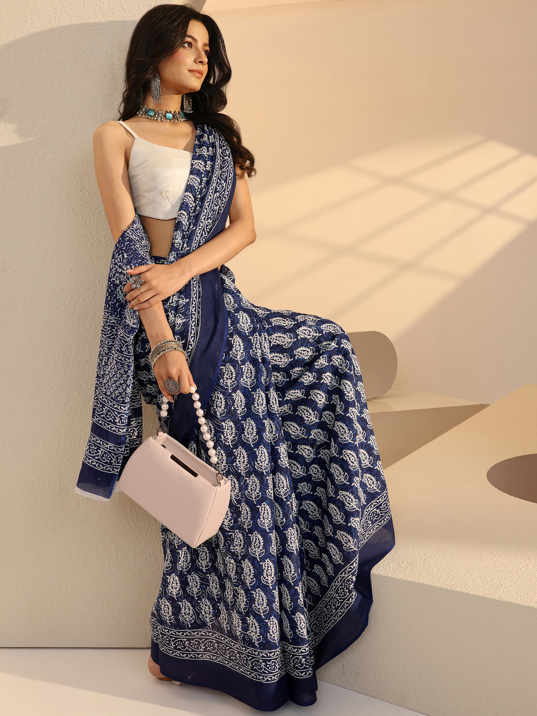  Blue Bagru Print Cotton Saree 