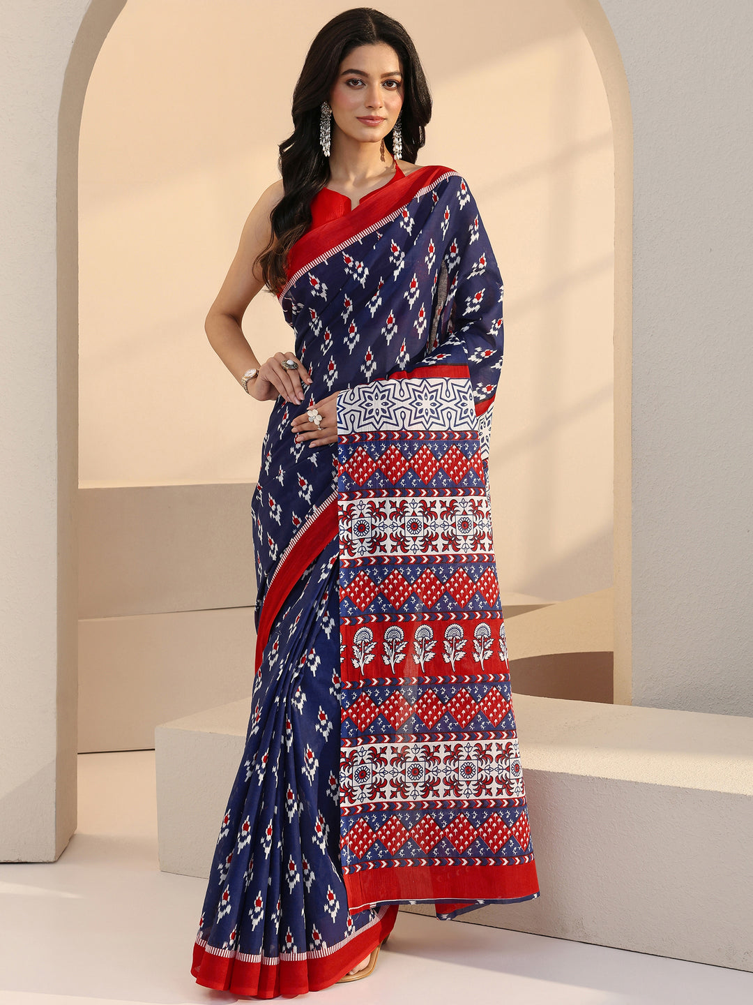  Blue Geometric Print Cotton Saree 