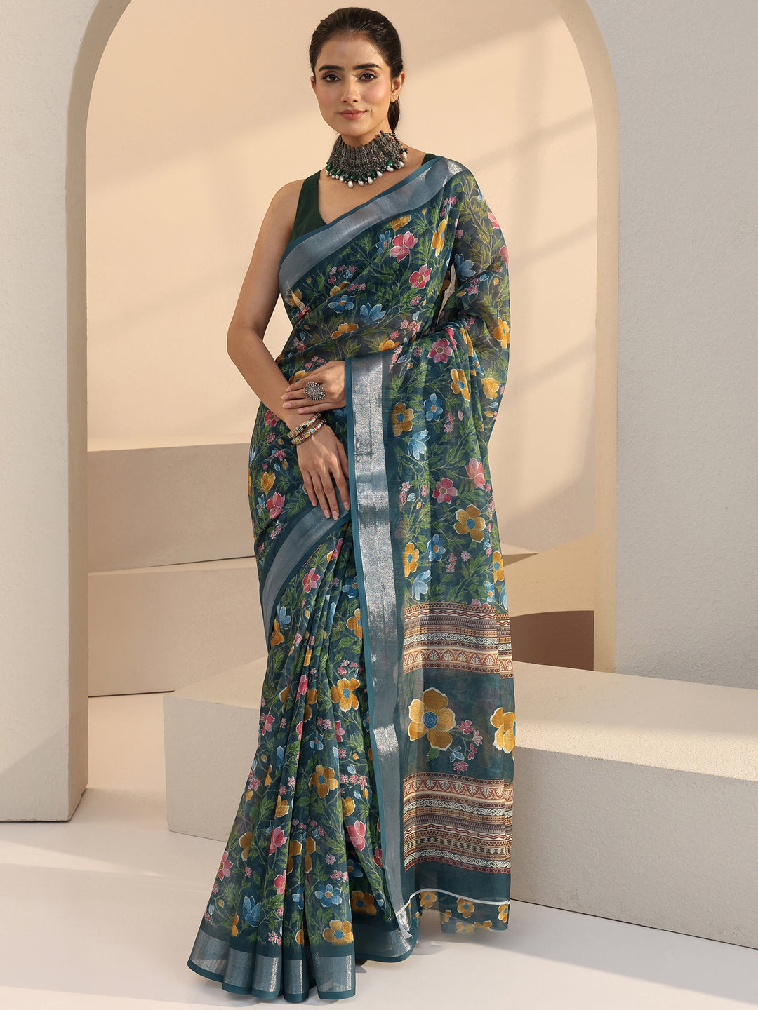  Prussian Blue Floral Print Cotton Blend Saree 