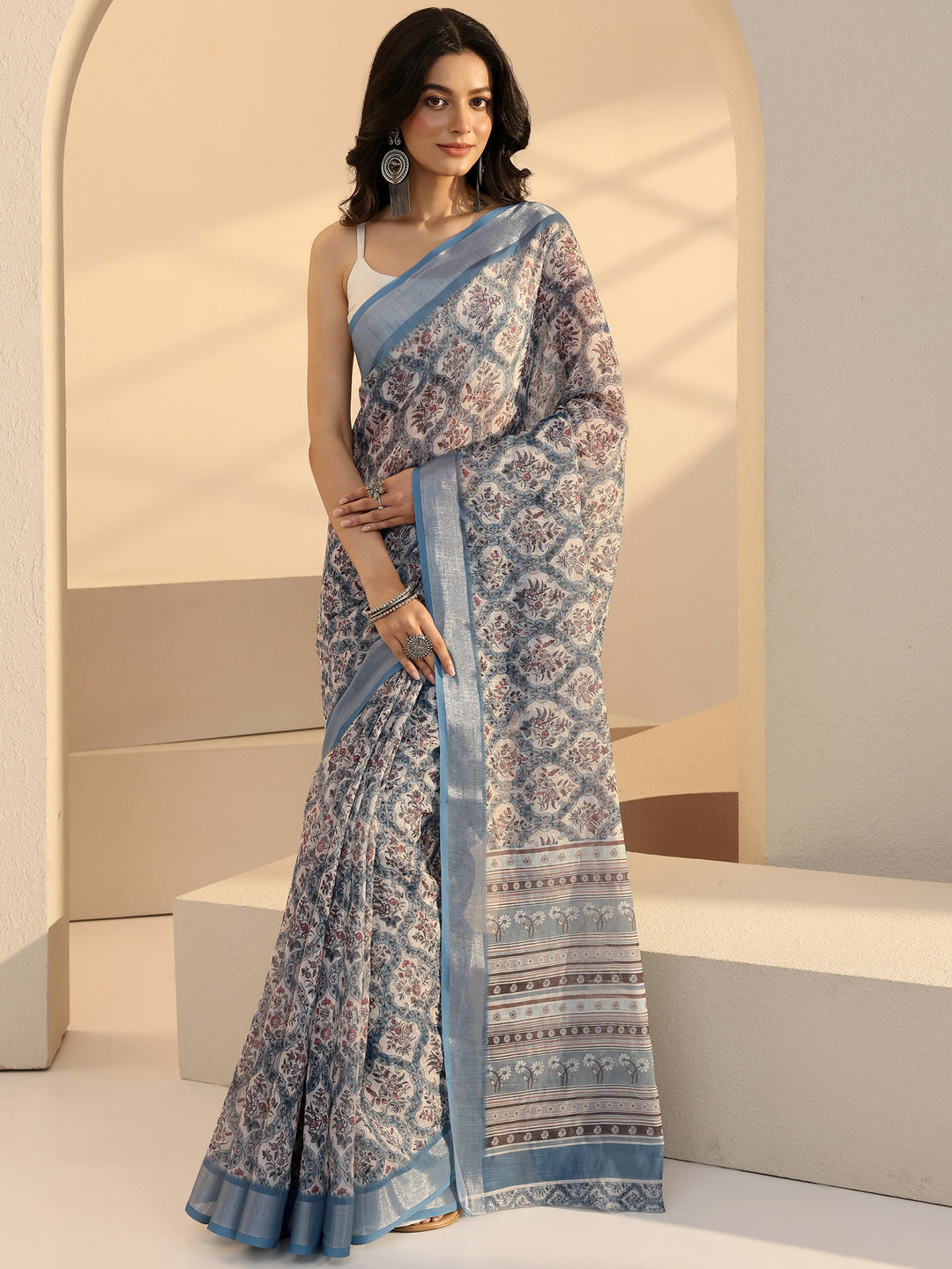  Powder Blue Floral Print Cotton Blend Saree 