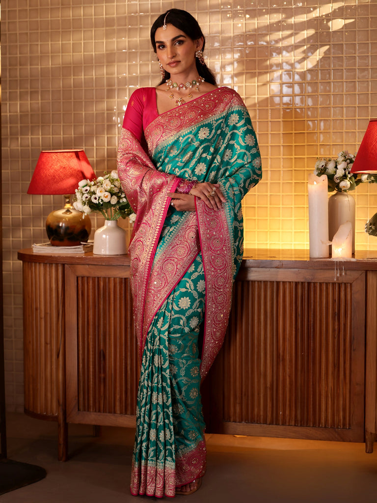 Libas Art Blue Floral Woven Design Silk Blend Saree