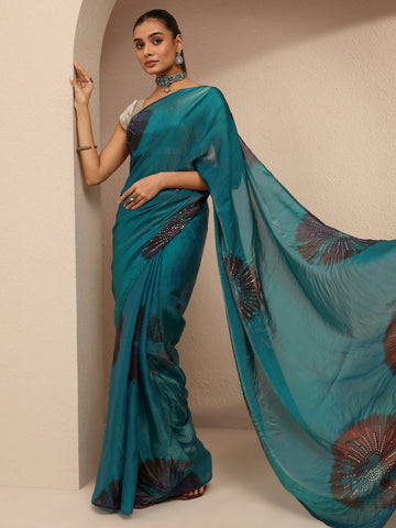 Blue Geometric Embellished Silk Blend Saree With Unstitched Blouse Piece