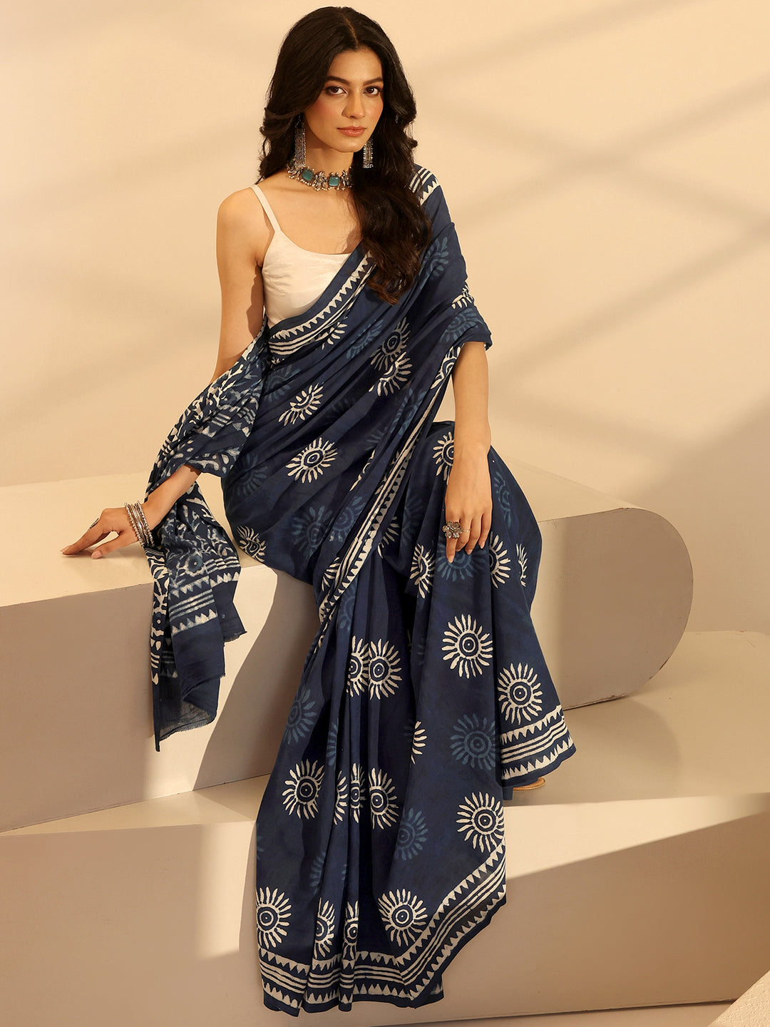  Indigo Dabu Print Cotton Saree 