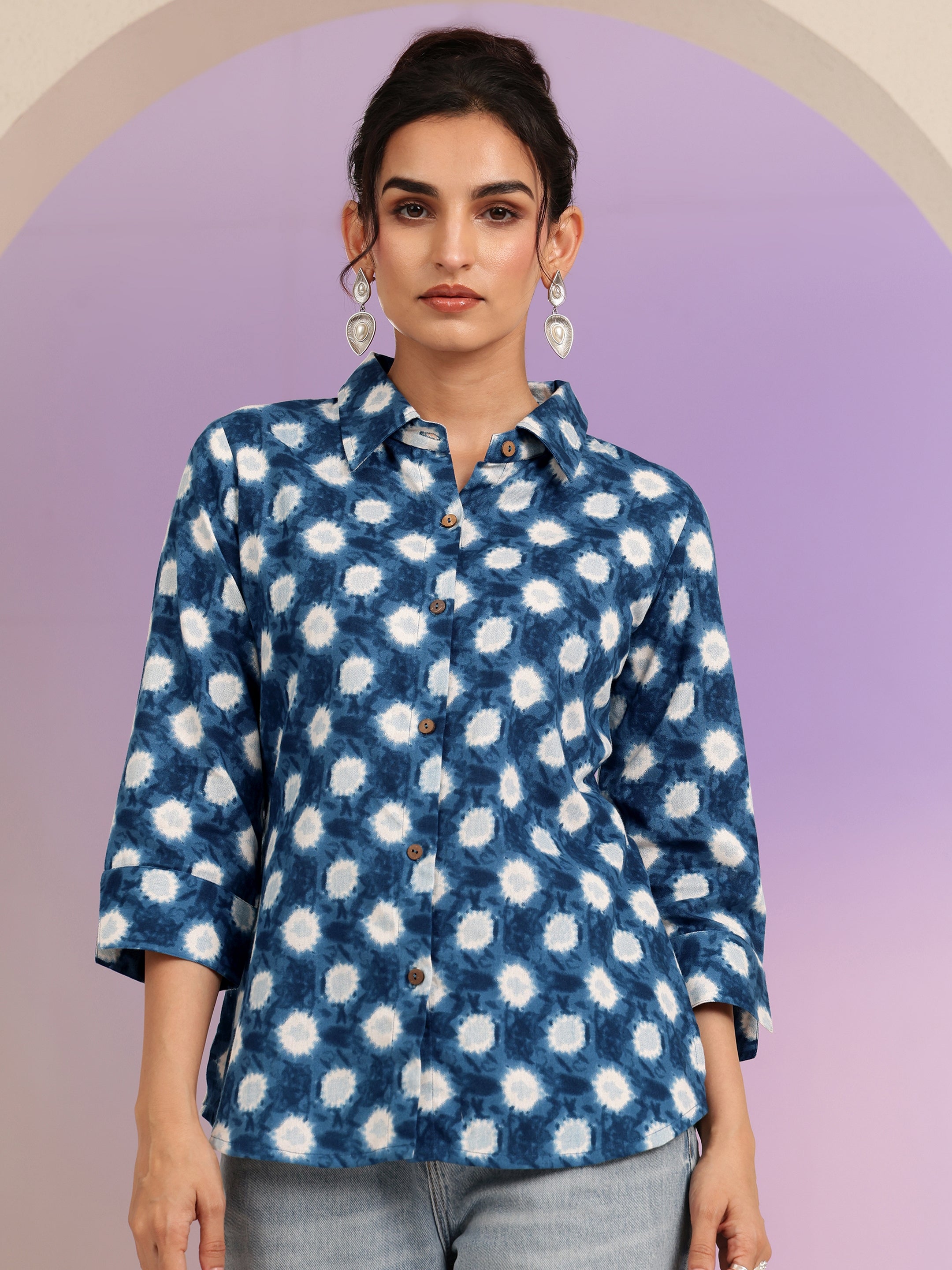 Libas Blue Ikat Dot Printed Cotton Shirt-image-20