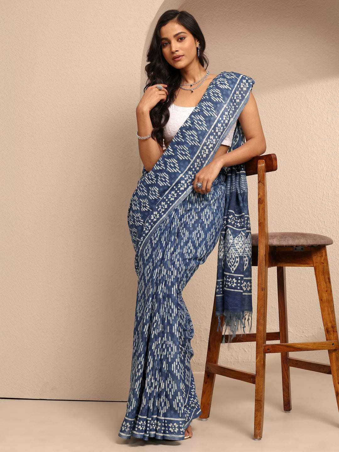 Blue Ikat Printed Cotton Saree With Unstitched Blouse Piece