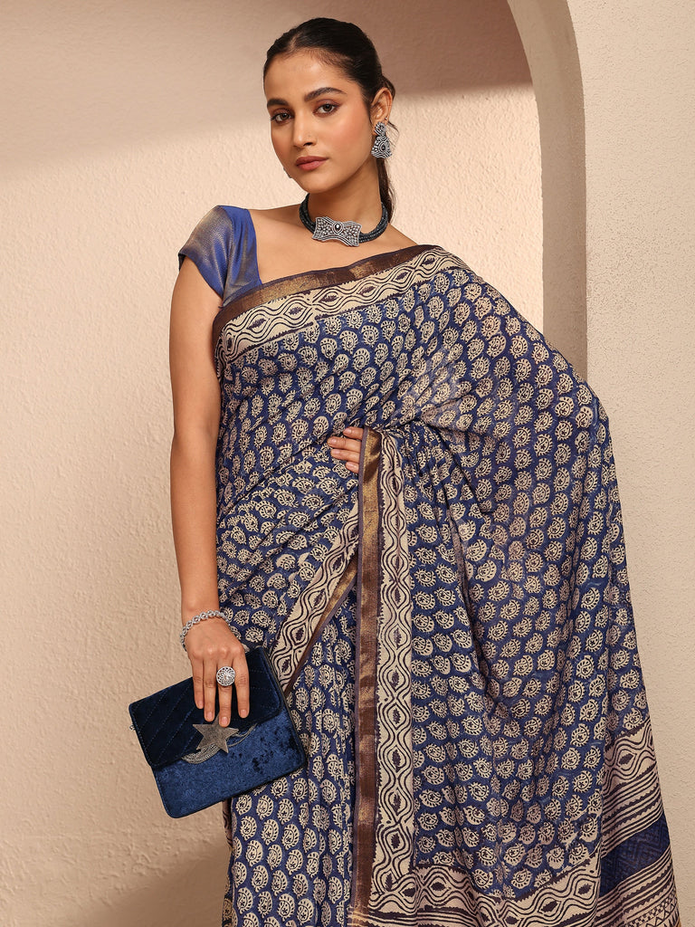 Libas Blue Paisley Printed Cotton Saree With Unstitched Blouse Piece