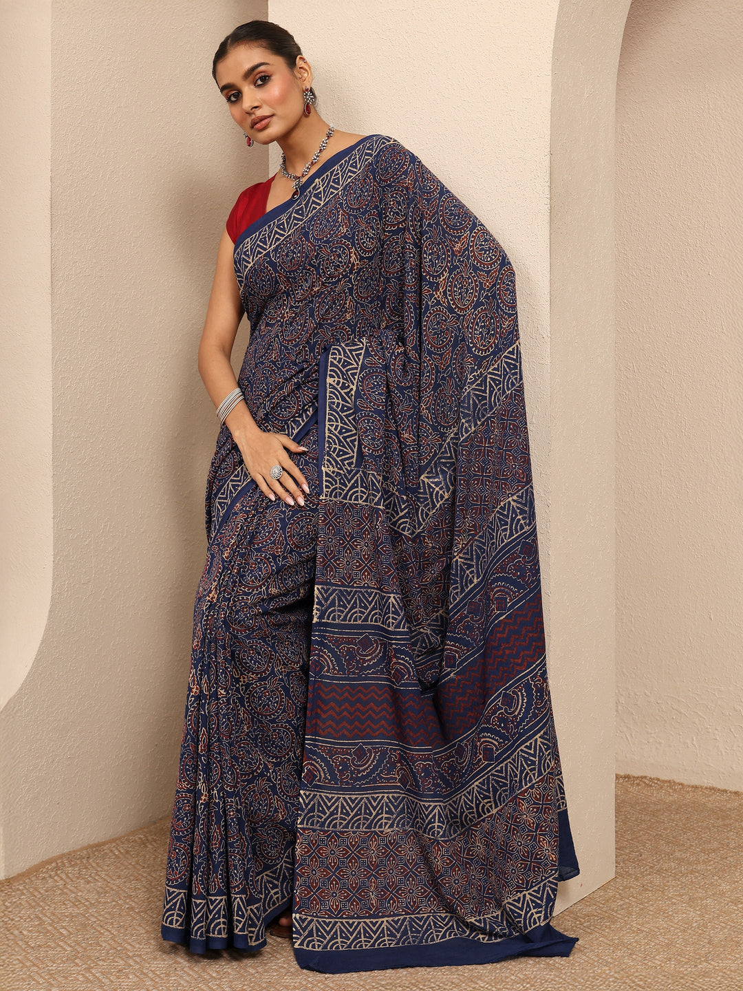 Blue Printed Cotton Saree With Unstitched Blouse Piece 