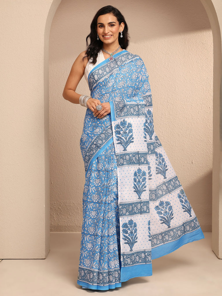 Libas Blue Printed Cotton Saree With Unstitched Blouse Piece