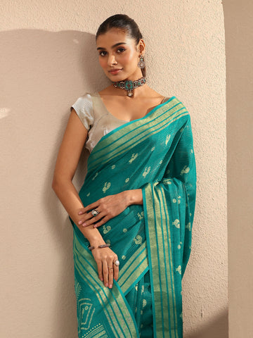 Blue Printed Silk Blend Saree With Unstitched Blouse Piece