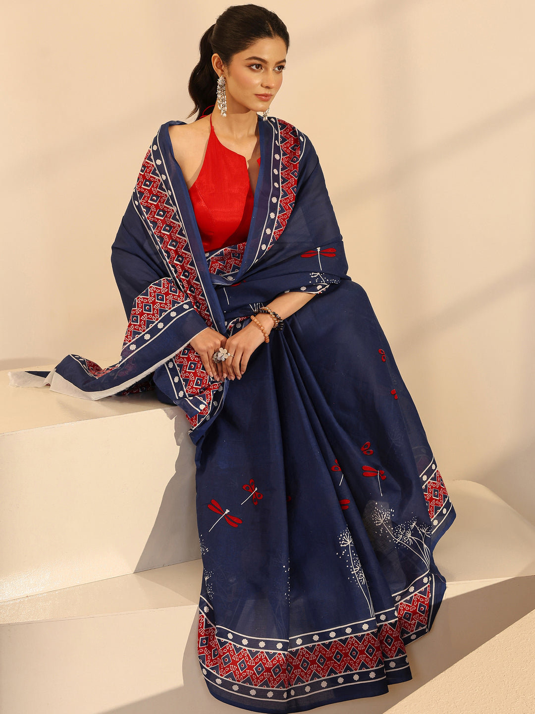  Blue Dragonfly Print Cotton Saree 