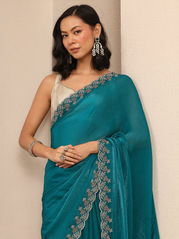 Blue Solid Silk Blend Saree With Unstitched Blouse Piece