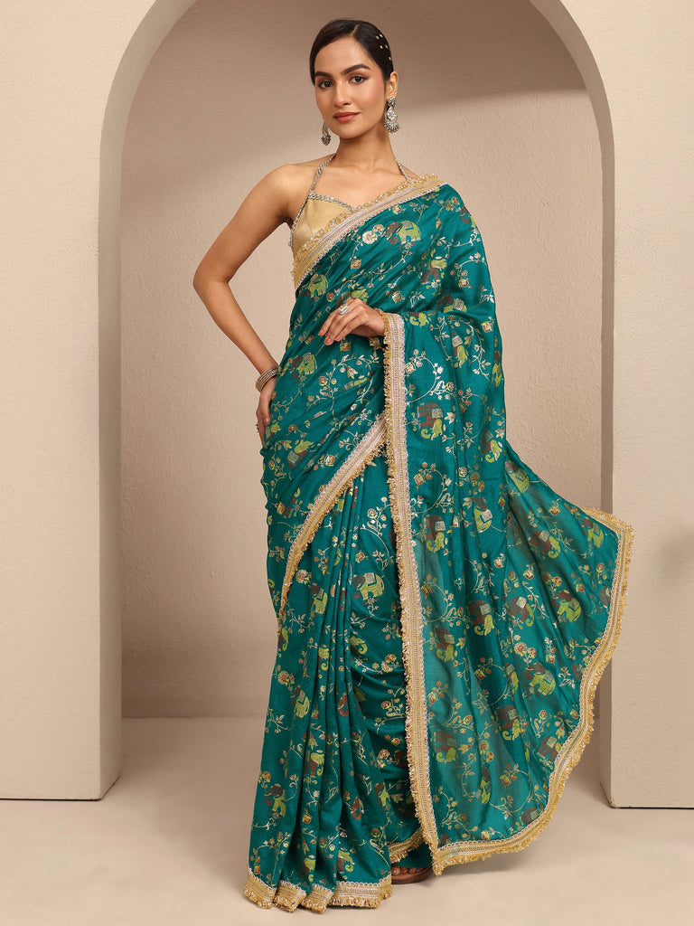 Libas Blue Tribal Printed Silk Blend Saree With Unstitched Blouse Piece