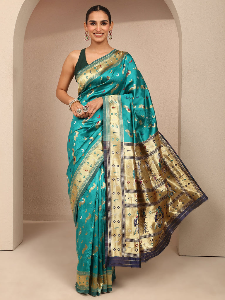 Libas Blue Woven Design Silk Blend Banarasi Saree With Unstitched Blouse Piece