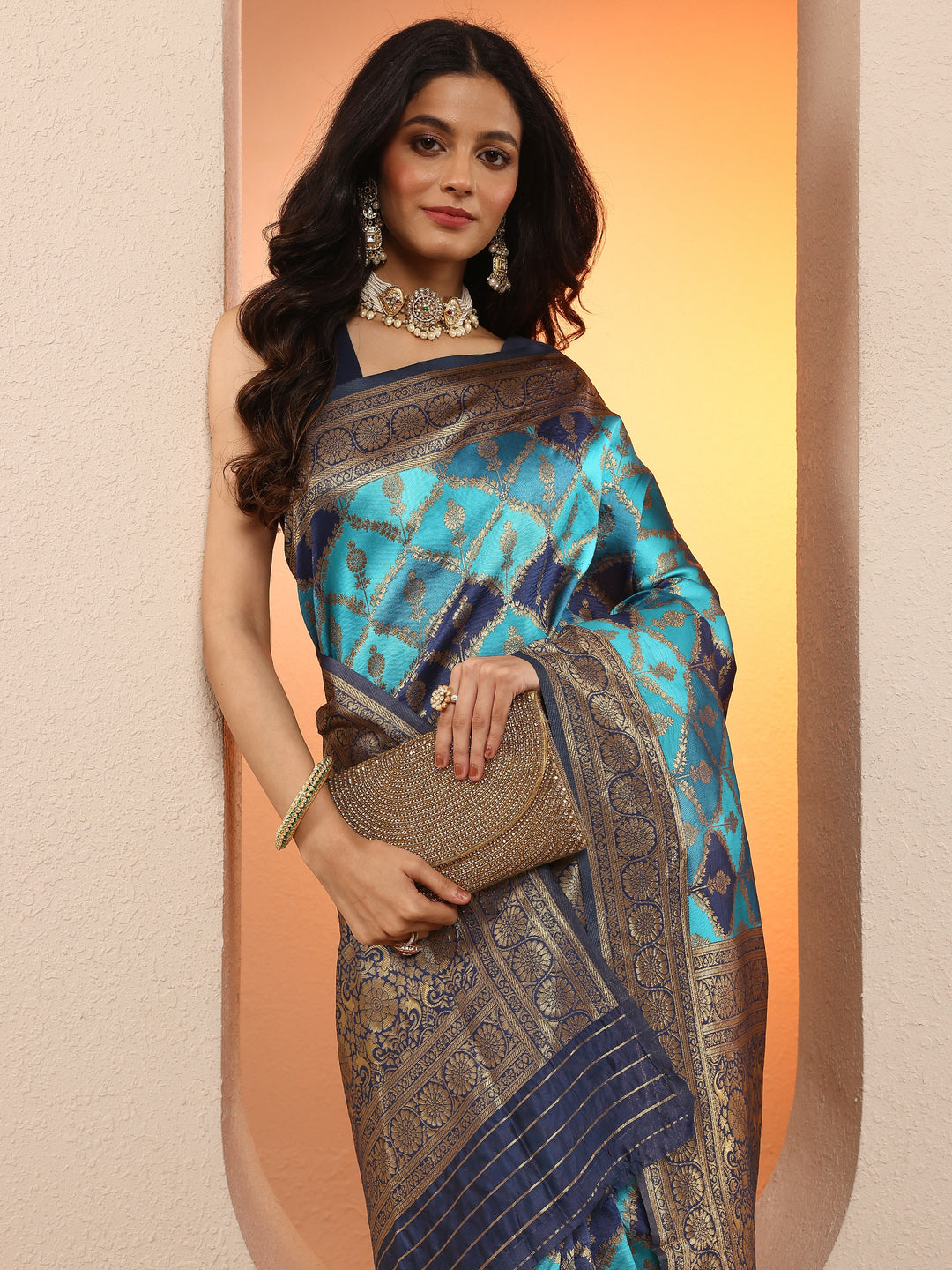 Blue Woven Design Silk Blend Sarees With Unstitched Blouse Piece