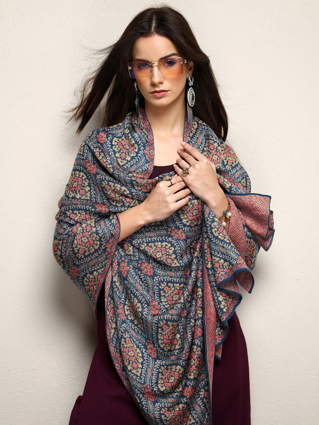 Blue Woven Design Wool Wrap Shawl 