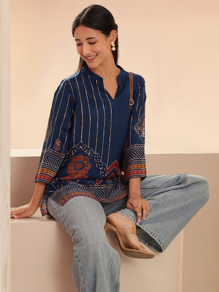 Libas Blue Ethnic Motif Printed Cotton Blend Straight Kurti