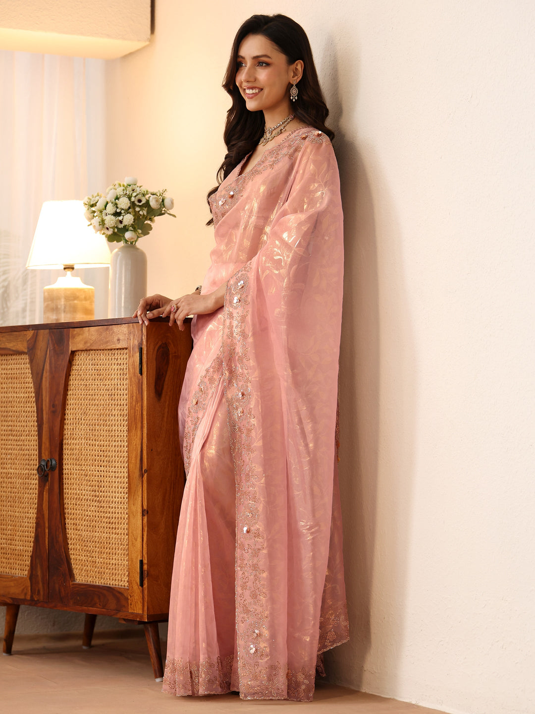  Blush Pink Floral Embellished Tissue Saree 