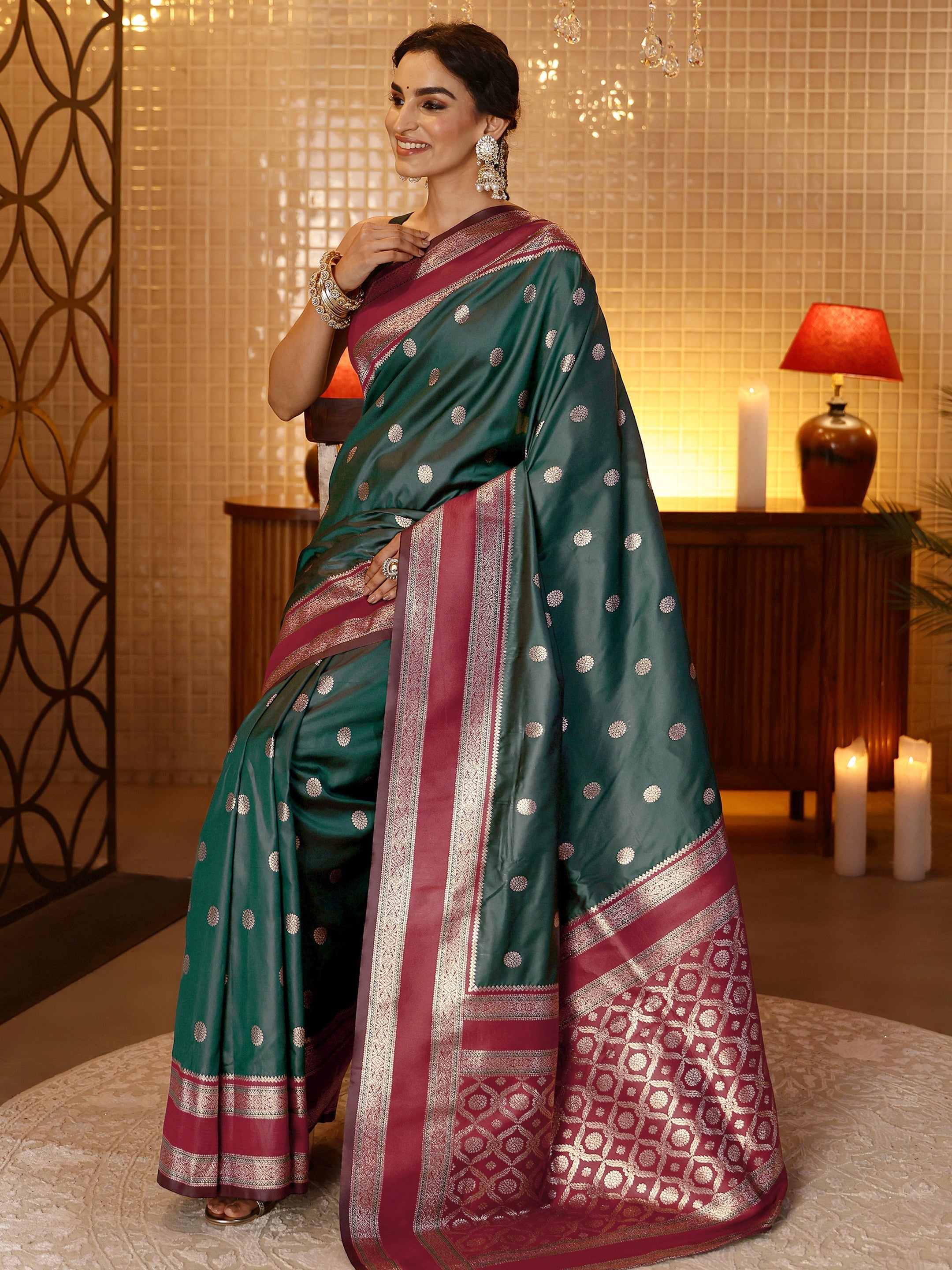 libas Bottle Green Banarasi Silk Blend Saree-picture-26