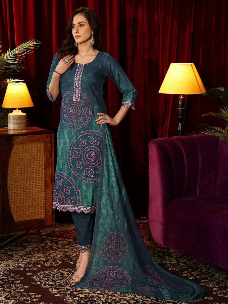 Libas Bottle Green Bandhani Printed Cotton Straight Suit Set