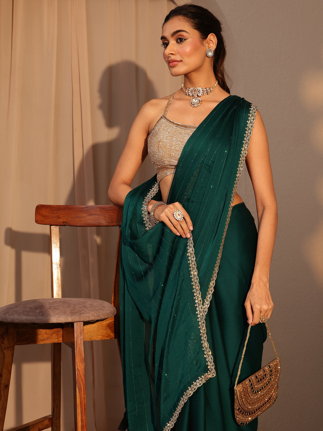  Bottle Green Embellished Chiffon Saree 