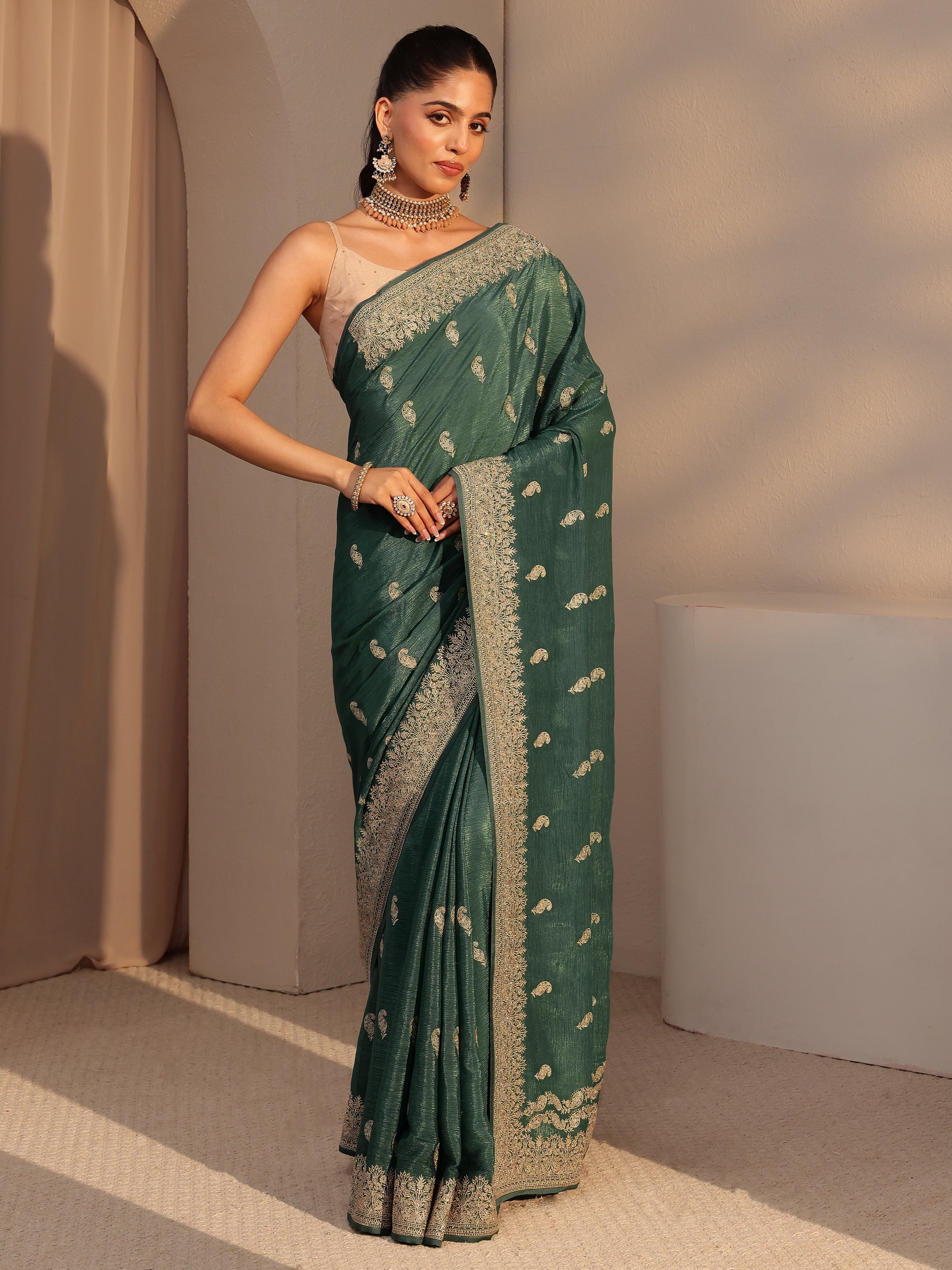 Libas Bottle Green Ethnic Embroidered Chiffon Saree-picture-60