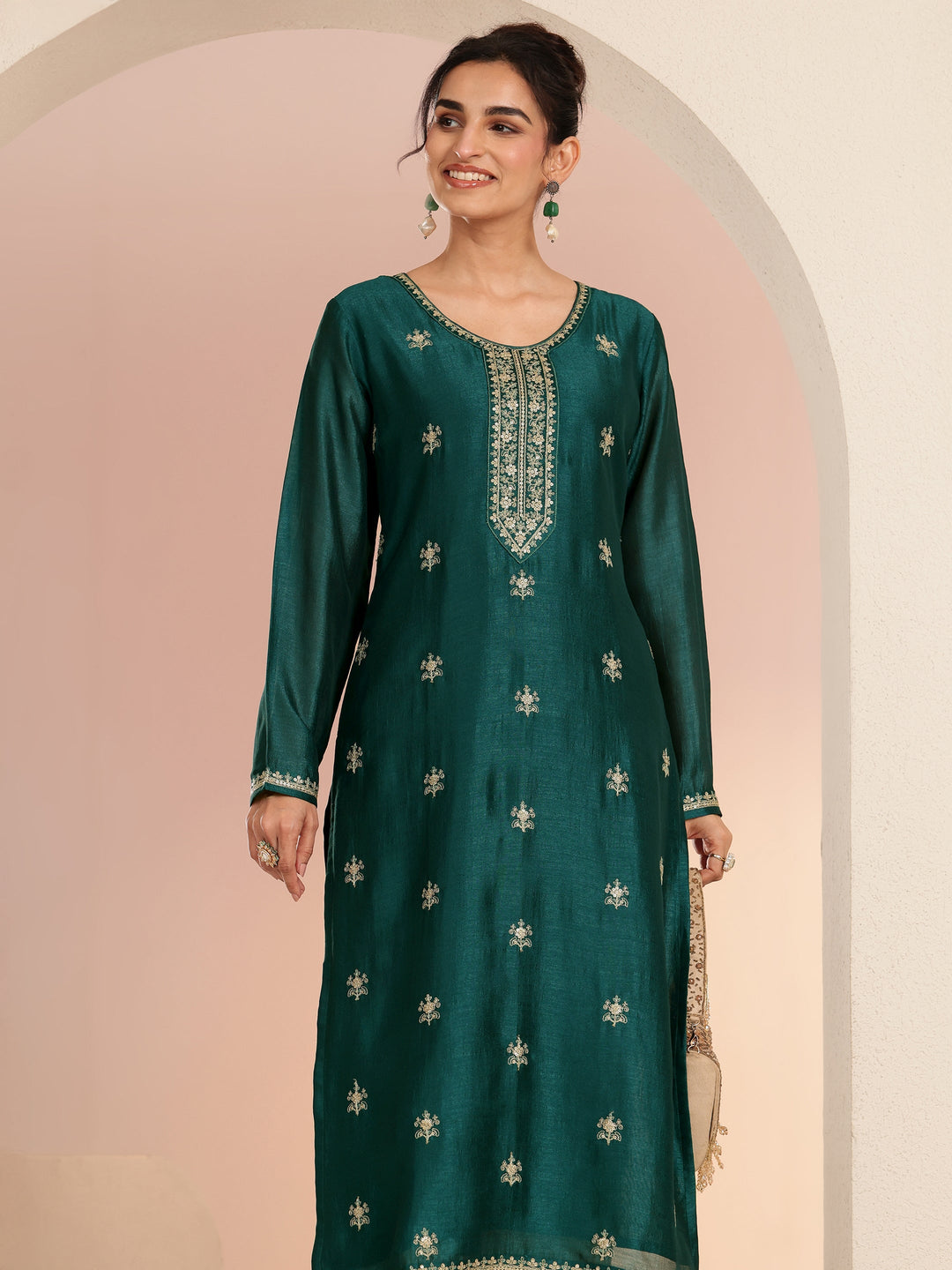  Bottle Green Ethnic Embroidered Silk Blend Straight Kurta Set 