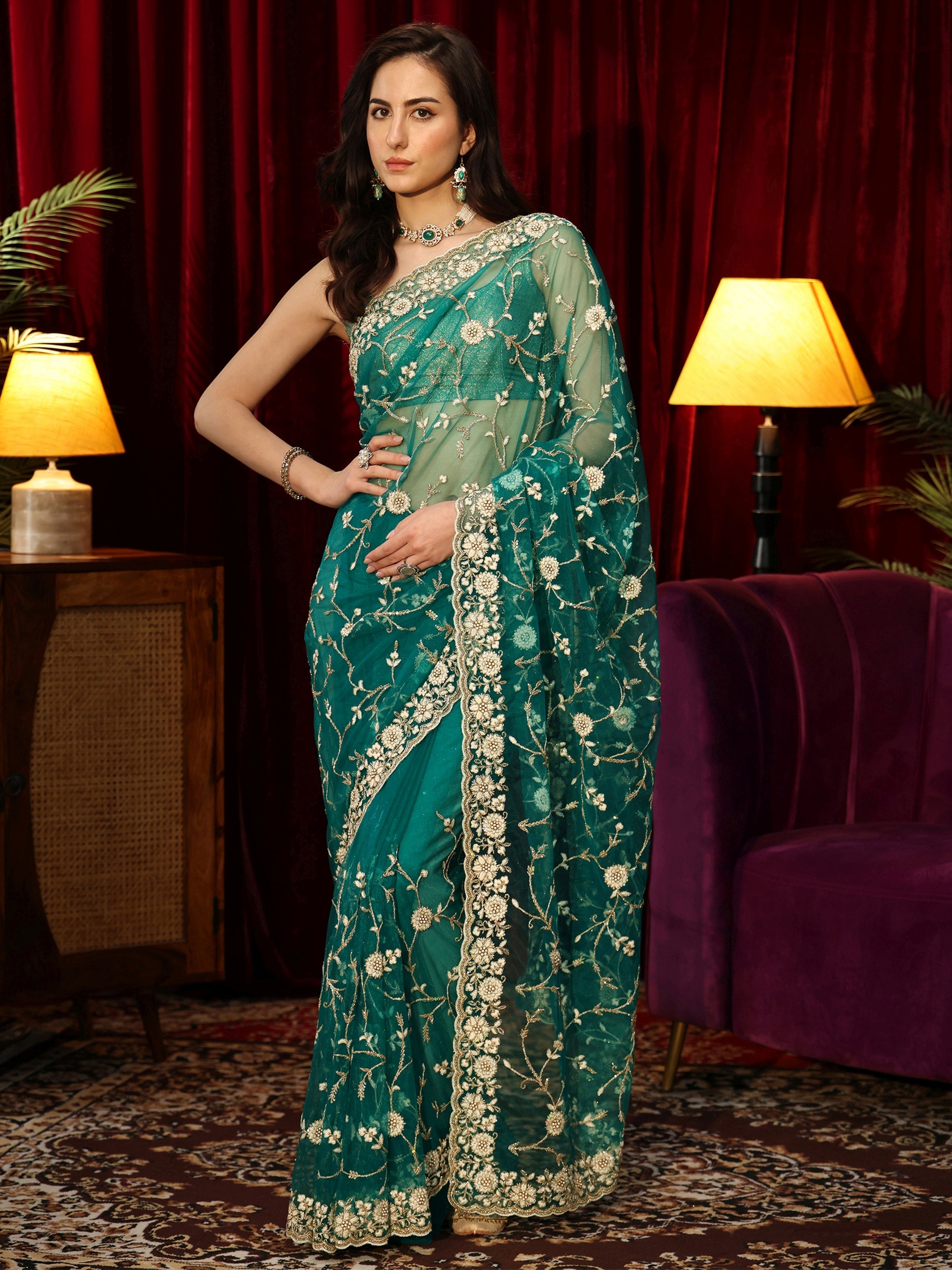 Libas Bottle Green Floral Embroidered Net Saree-picture-56