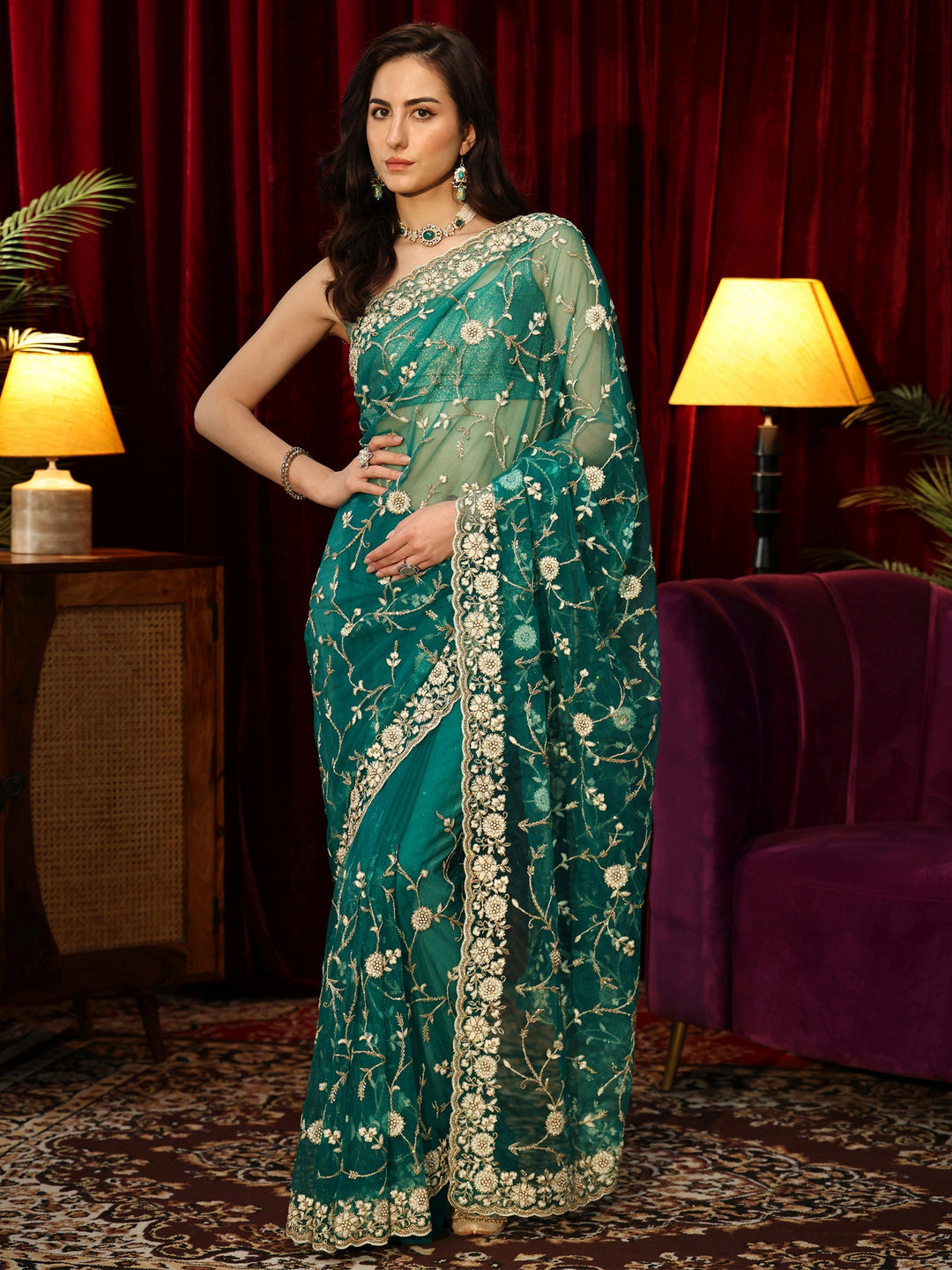  Bottle Green Floral Embroidered Net Saree 