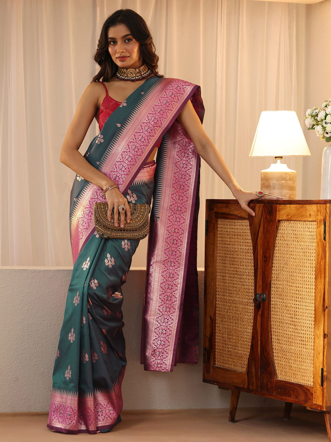 Bottle Green Kanjeevaram Silk Blend Saree
