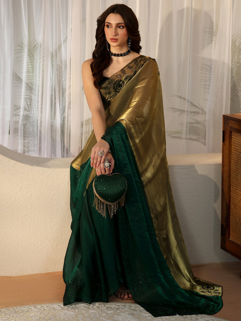 Libas Bottle Green Tissue Saree with Embellished Border