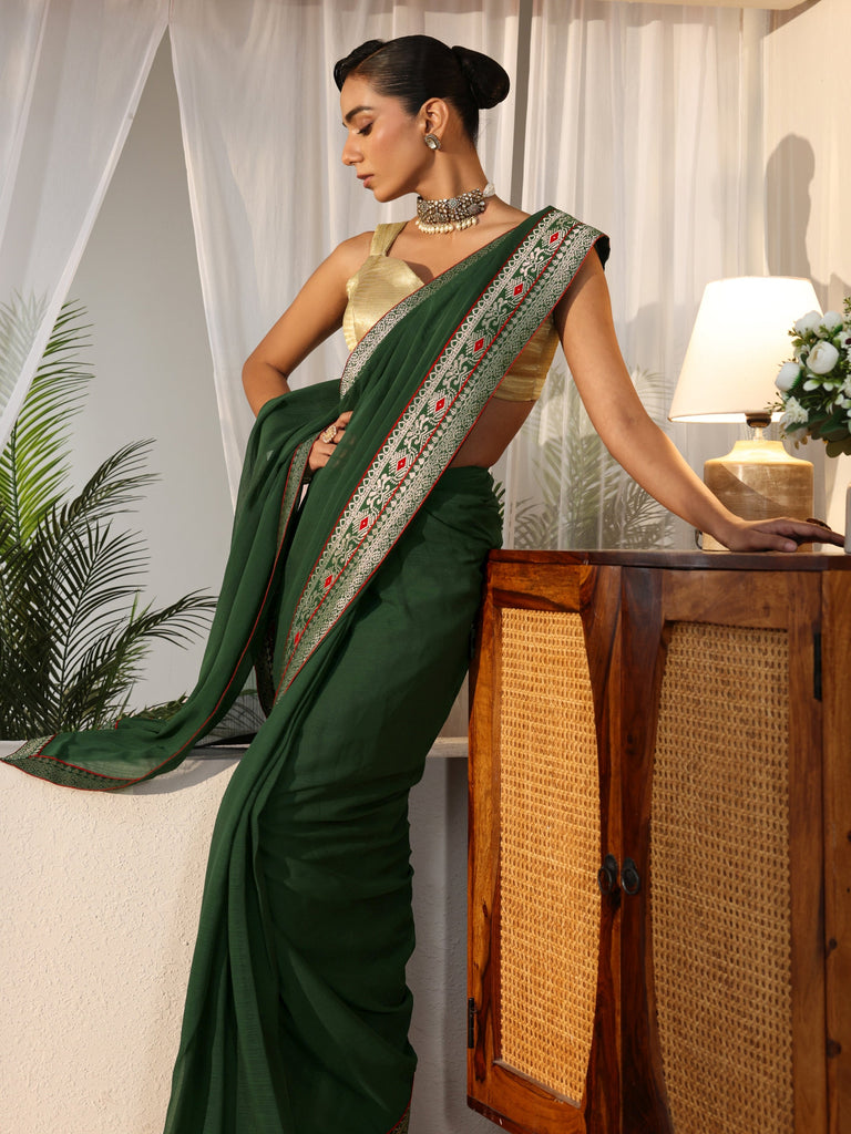 Libas Bottle Green Chiffon Pre Draped Saree