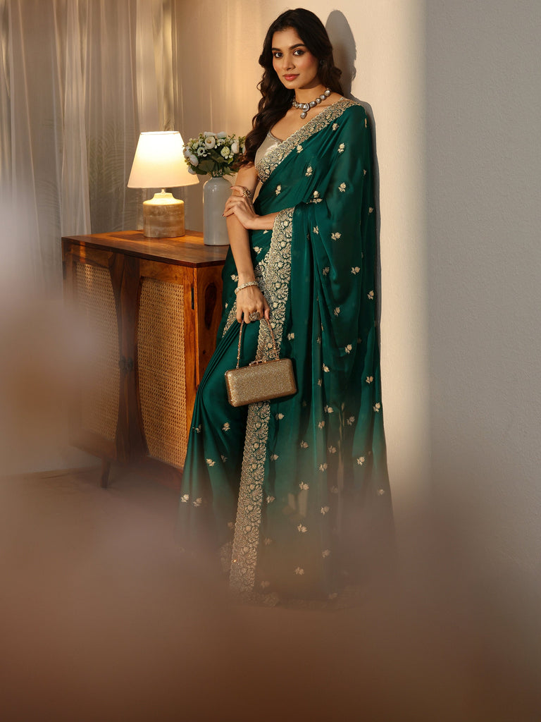 Libas Bottle Green Floral Embroidered Chiffon Saree