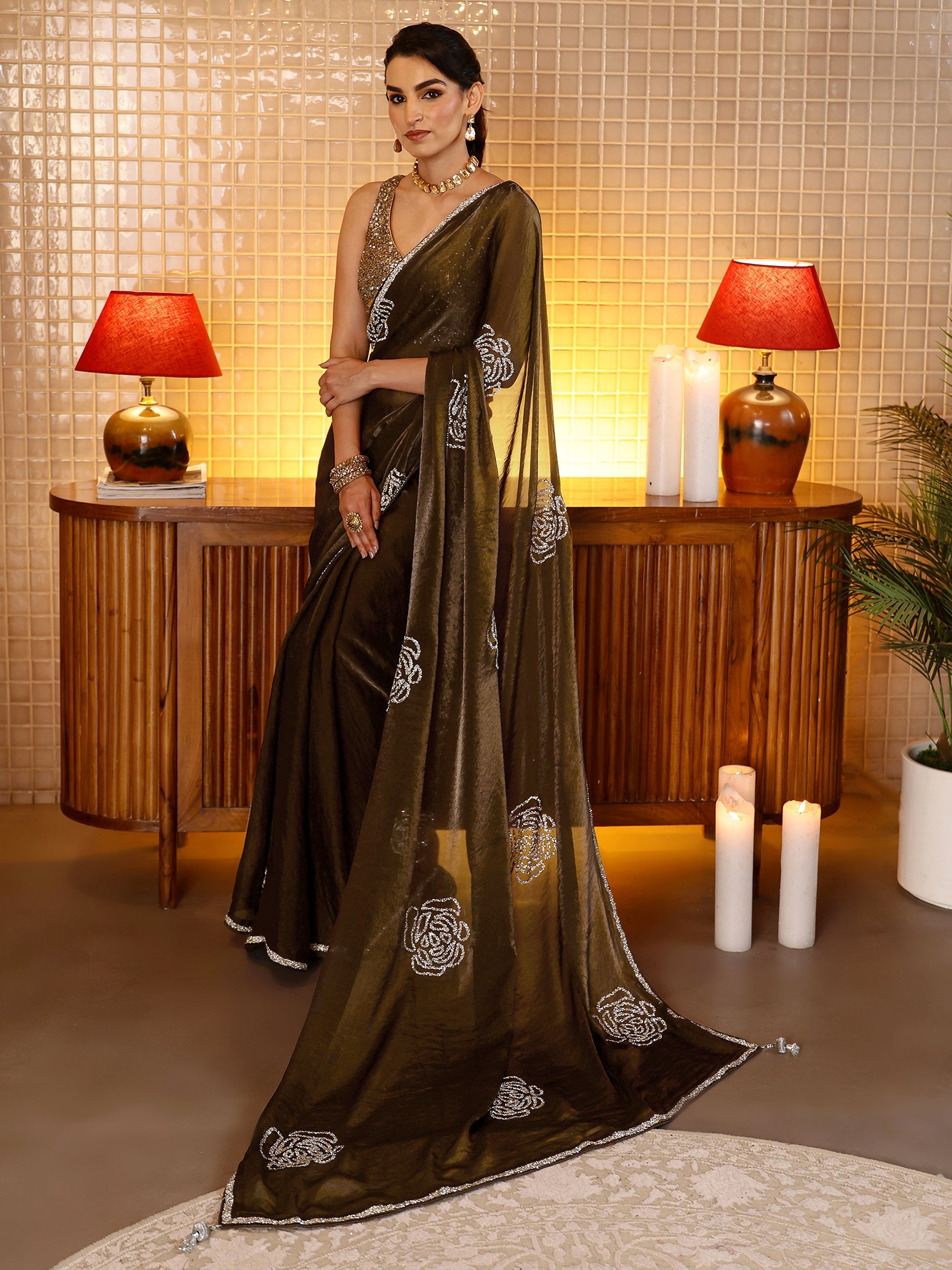 libas Brown Embellished Silk Blend Saree-picture-62