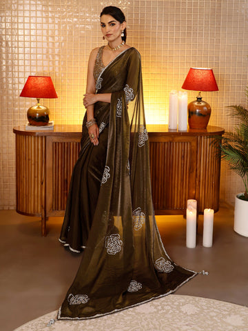 Brown Embellished Silk Blend Saree