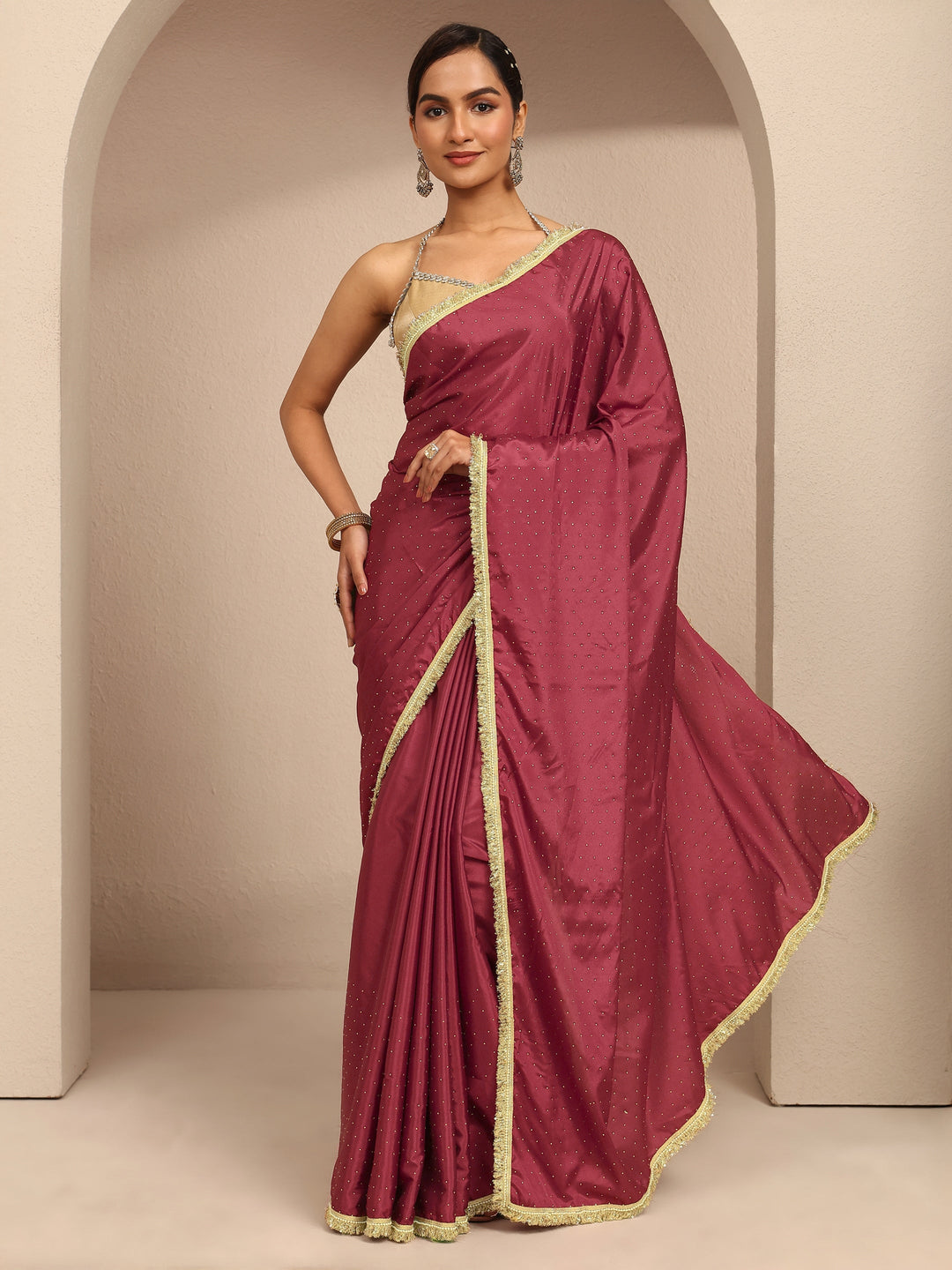  Brown Embellished Silk Blend Saree With Unstitched Blouse Piece 