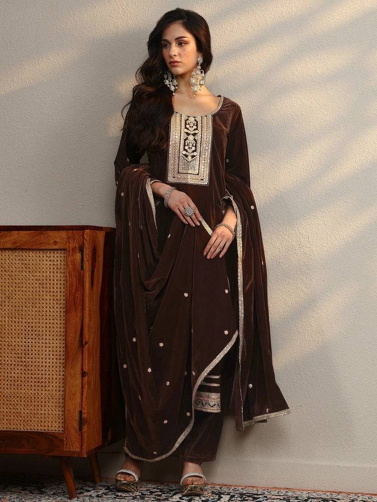 Libas Brown Embroidered Velvet A-Line Suit Set With Dupatta