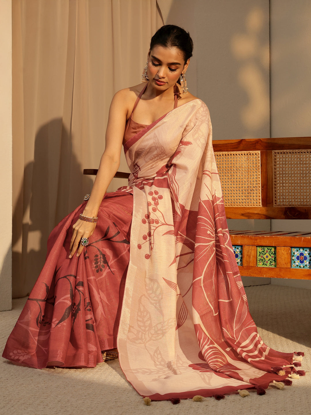  Brown Floral Printed Cotton Blend Saree 