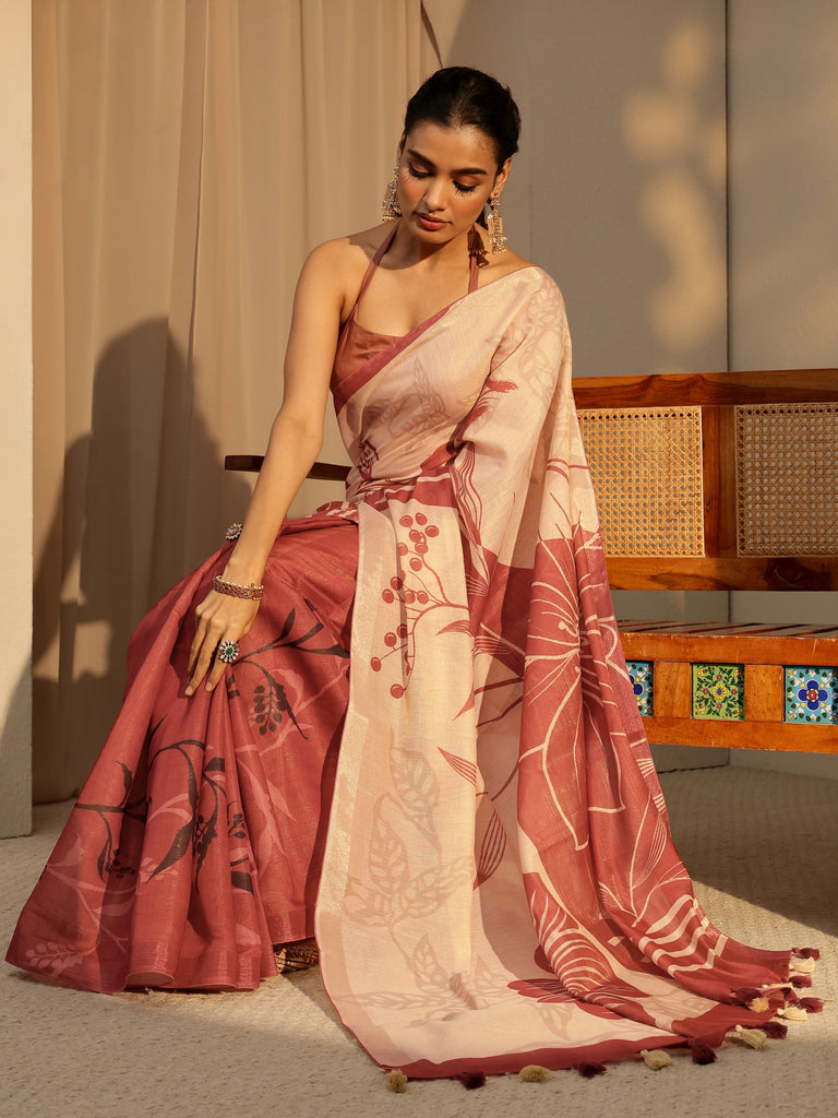 Libas Brown Floral Printed Cotton Blend Saree